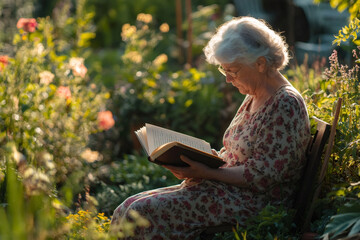 Senior woman enjoying a peaceful moment reading a book surrounded by colorful flowers in a garden during golden hour