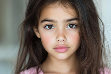 Fototapeta premium A young girl with brown hair and brown eyes is looking at the camera