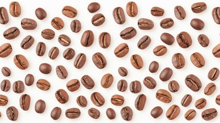 Obraz premium A close-up image of roasted coffee beans arranged on a white background, showcasing their rich color and texture.