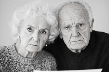 Two elderly people are sitting together and looking at a piece of paper