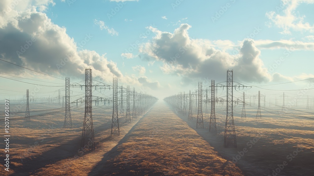 Poster panoramic view of a power grid with rows of high-voltage towers disappearing into the horizon.