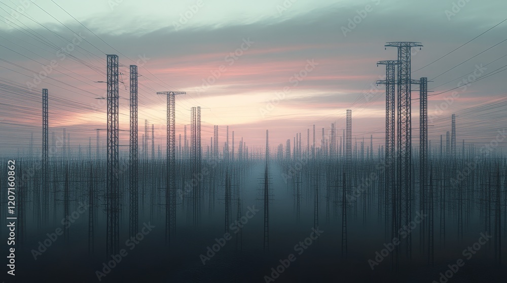 Aufkleber panoramic view of a power grid with rows of high-voltage towers disappearing into the horizon.