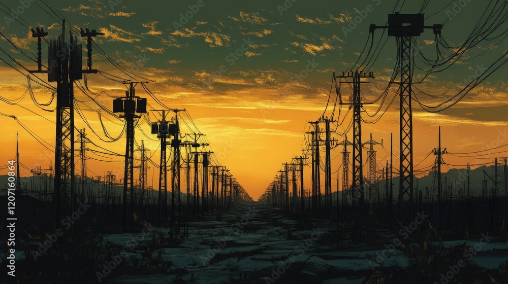 Poster panoramic view of a power grid with rows of high-voltage towers disappearing into the horizon.
