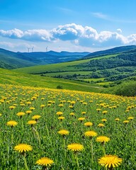 Fototapeta premium Dandelion Meadow Spring Landscape Green Hills Wind Turbines Sunny Day