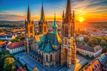 Fototapeta premium Aerial drone photography reveals the majestic Gothic architecture of a cathedral exterior in breathtaking high-resolution detail.