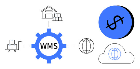 Central gear labeled WMS connected to warehouse shelves, cart with boxes, global network, cloud storage, and dollar sign. Ideal for logistics, inventory, efficiency, cost management globalization