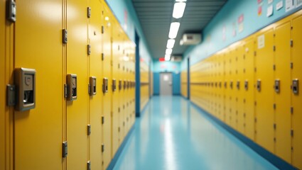 School hallway with yellow lockers in row, back to school concept. Mockup wall
