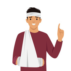 Man with a head bandage and his arm in a sling, pointing upward with a gesture of positivity. Flat vector illustration isolated on white background