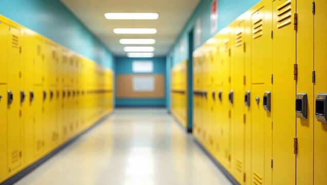 School hallway with yellow lockers in row, back to school concept. Mockup wall