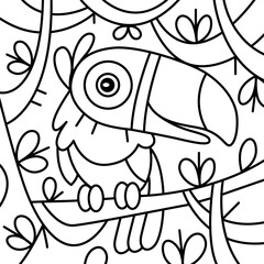 Illustration of toucan on tree in line style, it is suitable for coloring book.