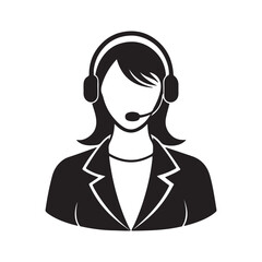 Call center operator woman silhouette, black and white silhouette, vector and illustration