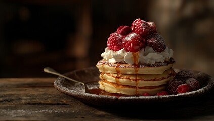 Delicious pancakes topped with whipped cream, raspberries, and syrup.