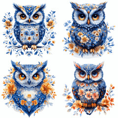 set of owls on white background, set of owls