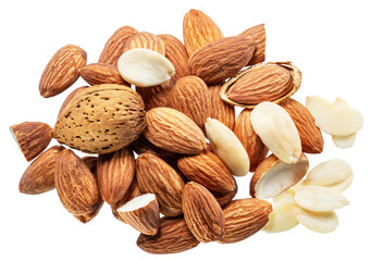 Almond nuts in shell and cracked almonds isolated on white background. File contains clipping path.