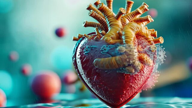 Heart with many disease elements on it, including some pink and blue items. The heart is red and has many different shapes and sizes of items on it.