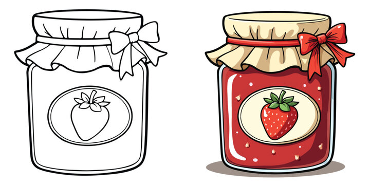 A jar of strawberry jam Line Art Vector Illustration Black and White with Coloring Sample. Bold and Easy Food, Fruits, Sweets, Drinks, Dessert, and Snacks Coloring Pages for Adults and Kids