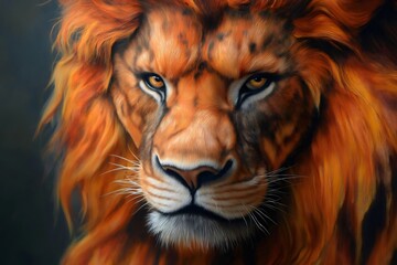 Fototapeta premium Highly detailed illustration of a majestic lion with a fiery orange mane, creating a powerful and captivating image