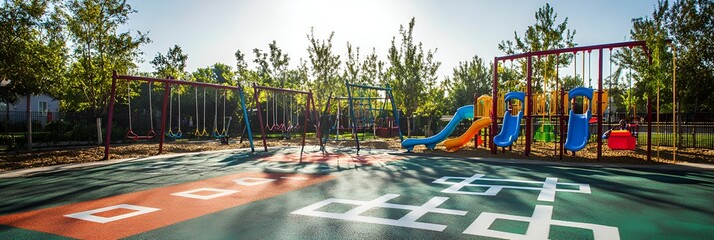 A vibrant playground with hopscotch markings, swings, and colorful slides under sunlight