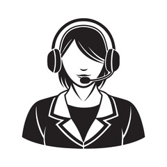 Call center operator woman silhouette, black and white silhouette, vector and illustration