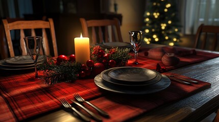 December evening meal set layout with hawthorn as the center feature