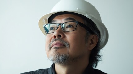 Fototapeta premium A confident business professional wearing a white hard hat, gazing forward with determination, set against a minimalistic white backdrop.