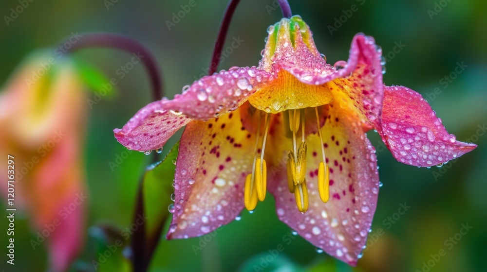 Poster a close-up of a colorful flower with dew-covered petals, captured with soft focus and a light mist i