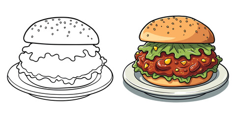 Sloppy Joe and Burger Line Art Vector Illustration Black and White with Coloring Sample. Bold and Easy Food, Fruits, Sweets, Drinks, Dessert, and Snacks Coloring Pages for Adults and Kids