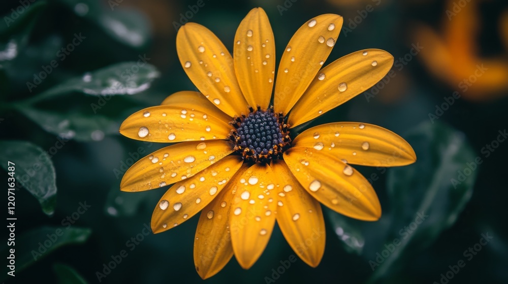 Aufkleber a close-up of a flower with clear water droplets gently resting on its petals, creating a serene, tr