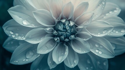 Obraz premium A close-up of a flower with clear water droplets gently resting on its petals, creating a serene, tranquil mood in nature.