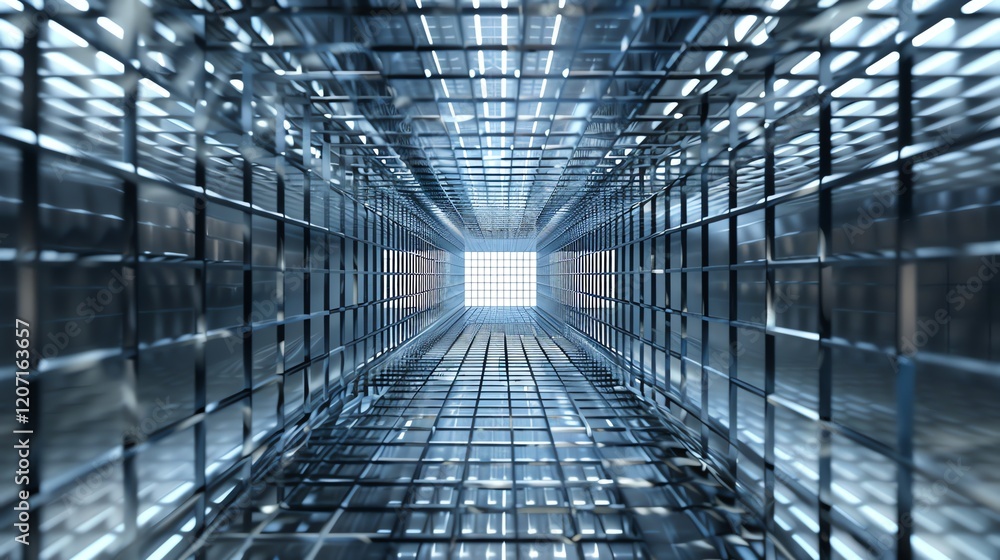 Poster the image is a 3d rendering of a long, narrow tunnel with a bright light at the end. the tunnel is m