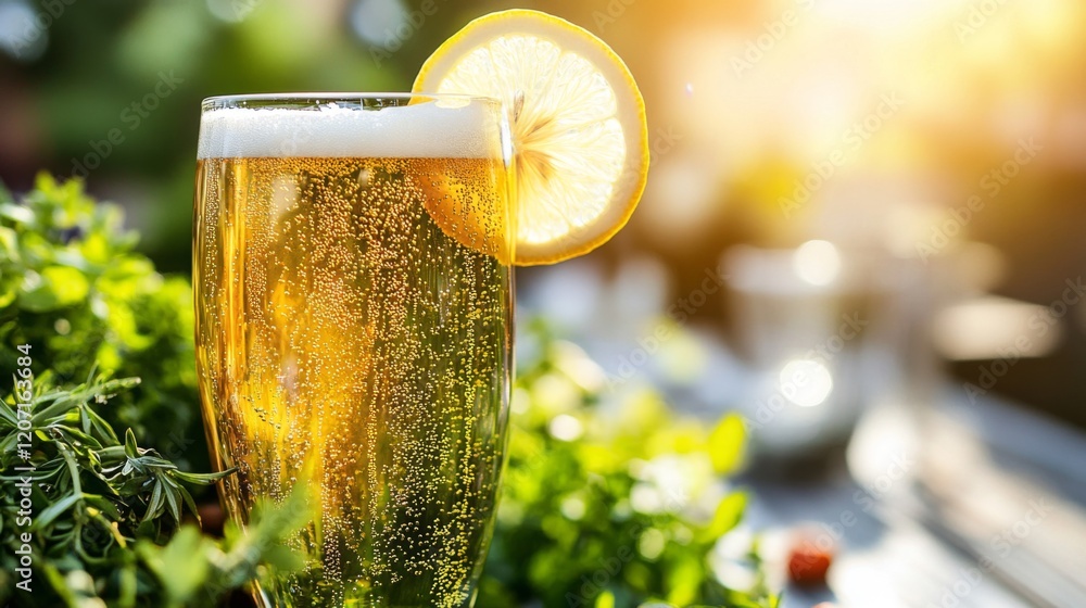 Poster a close-up of a glass of wheat beer with a lemon slice on the rim, resting on a sunny patio table su