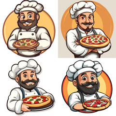 Happy Chef Logo Holding a Pizza Dish, Pizza Chef Illustration in Cartoon Style
