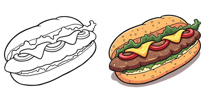 Philly Cheesesteak Line Art Vector Illustration Black and White with Coloring Sample. Bold and Easy Food, Fruits, Sweets, Drinks, Dessert, and Snacks Coloring Pages for Adults and Kids