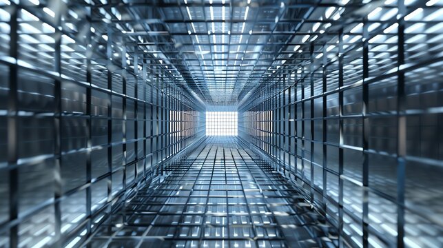 The image is a 3D rendering of a long, narrow tunnel with a bright light at the end. The tunnel is made of metal and has a ribbed surface.