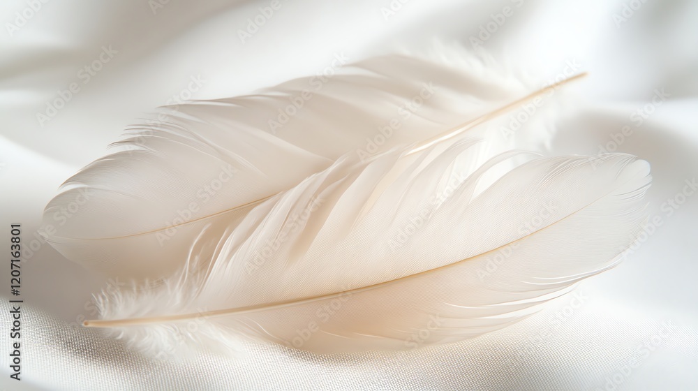 Poster two white feathers with soft, delicate textures lying on a smooth white surface, creating a sense of