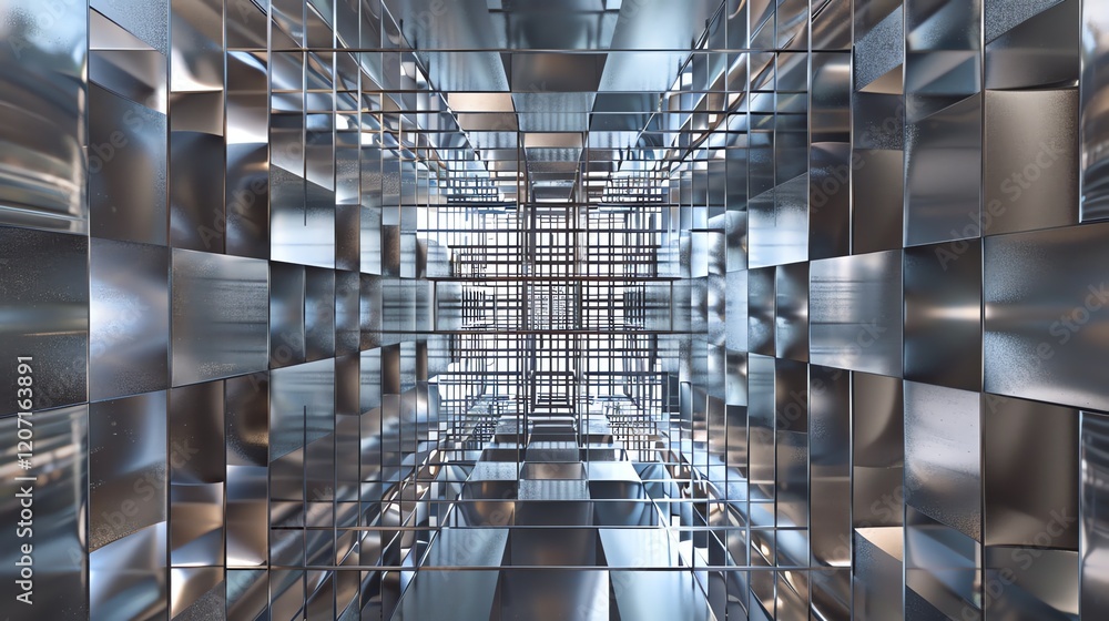 Poster the image is a 3d rendering of a futuristic tunnel. the tunnel is made of reflective metal and has a