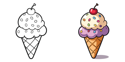 Ice Cream Cone Line Art Vector Illustration Black and White with Coloring Sample. Bold and Easy Food, Fruits, Sweets, Drinks, Dessert, and Snacks Coloring Pages for Adults and Kids