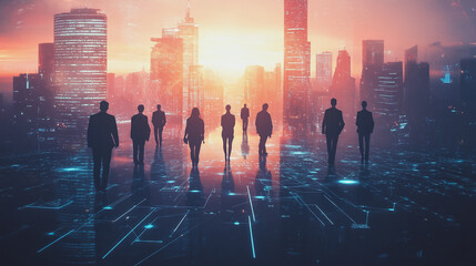 Obraz premium abstract professional business team people connection of line from nail node to node on Smart digital cityscap and skyline background , Innovation networking concept