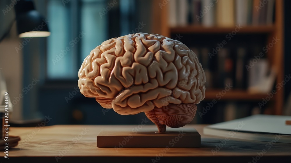 Poster a close-up of a human brain model on a wooden desk, illuminated by soft natural light, highlighting 