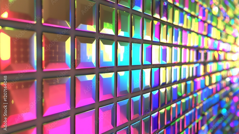 Poster vibrant iridescent tiles made of glass or plastic arranged in a grid pattern with beveled edges refl