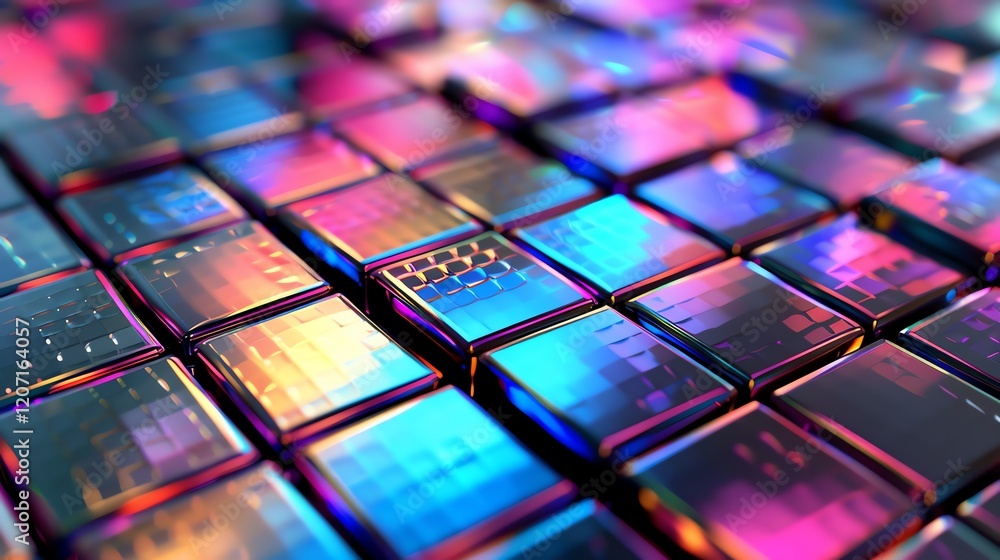 Poster colorful 3d rendering of a surface made of glossy cubes.