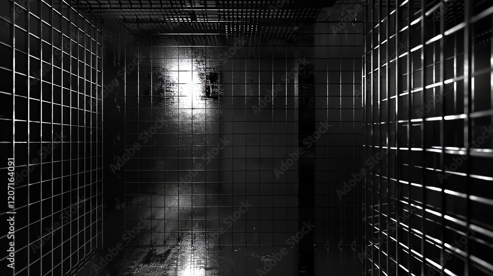 Poster a dark and mysterious room with a single light source. the walls are made of metal and the floor is 
