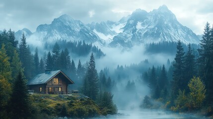 Serene Mountain Cabin in Misty Forest