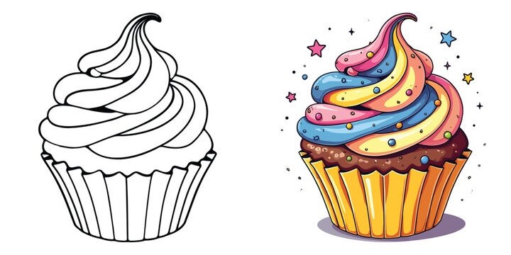 Cupcake Line Art Vector Illustration Black and White with Coloring Sample. Bold and Easy Food, Fruits, Sweets, Drinks, Dessert, and Snacks Coloring Pages for Adults and Kids