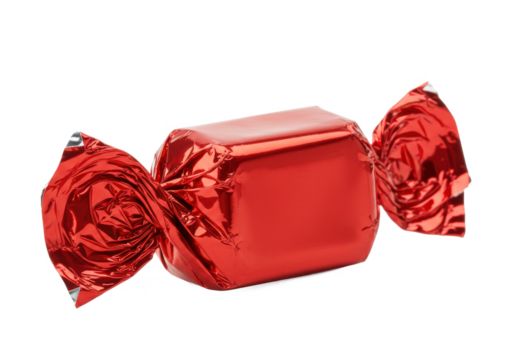 A single shiny red candy wrapped in foil with twisted ends, isolated on a white background