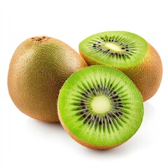 Fototapeta premium Two whole kiwis and one halved kiwi fruit on a white background.