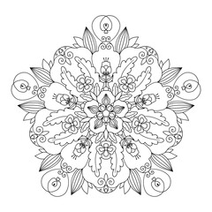 linear mandala. Vector hand drawn linear illustration on white background. Decorative round abstract black and white ornament for coloring