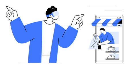 Person using VR headset pointing, interactive elements, smartphone screen showing online shopping. Ideal for virtual reality, augmented reality, online shopping, e-commerce, technology, user