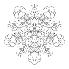 linear mandala. Vector hand drawn linear illustration on white background. Decorative round abstract black and white ornament for coloring