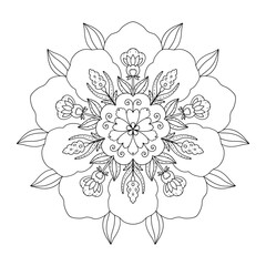 linear mandala. Vector hand drawn linear illustration on white background. Decorative round abstract black and white ornament for coloring